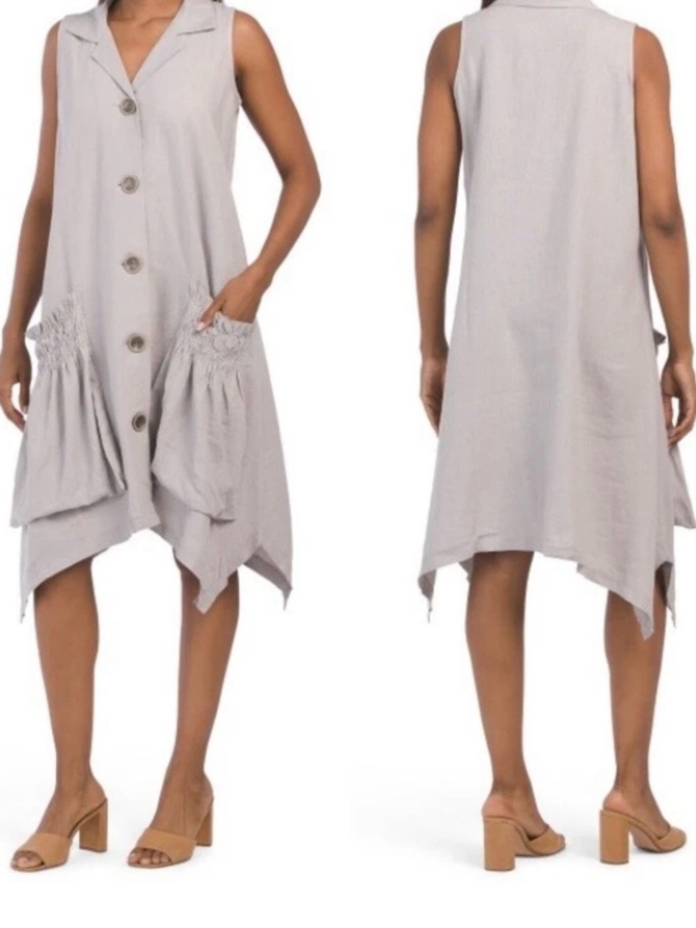 For Cynthia Linen-Blend Sark Bite Hem Shirt Dress Patch Ruched Pockets XS